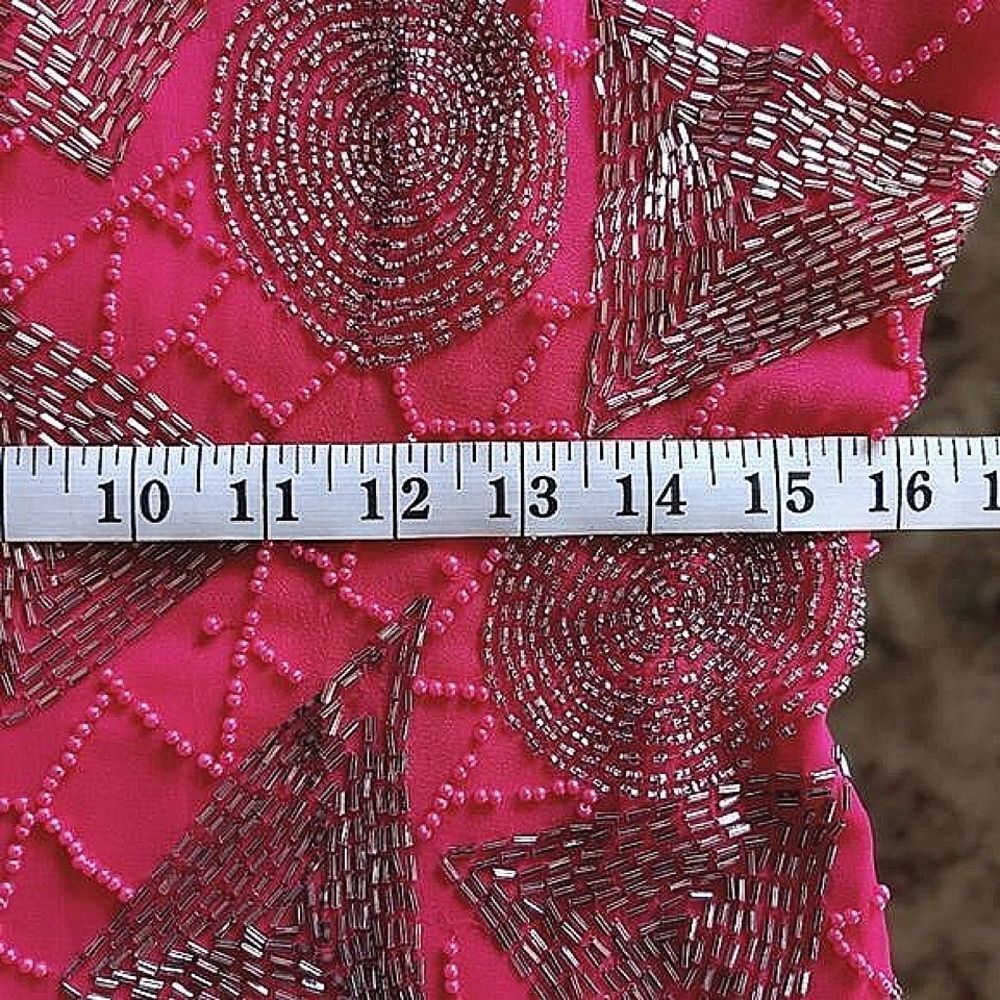 Vtg fuschia beaded silk half sleeve boat neck V back blouse - Picture 9 of 16